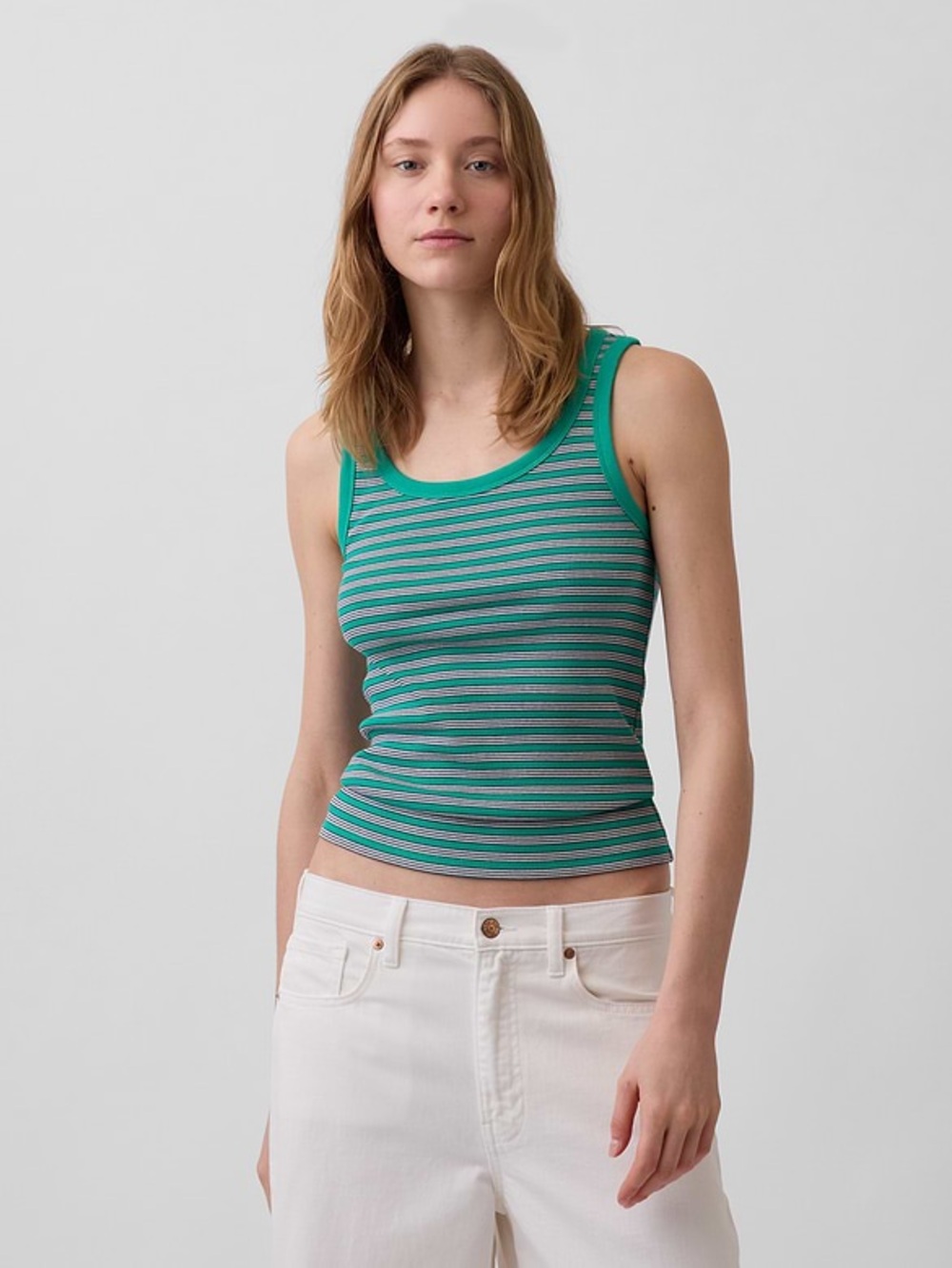 NWT Gap Rib Scoop Tank Top Green Stripe Size Medium Tall